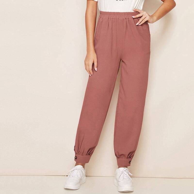 

Button Detail Elastic Waist Pants, Pink