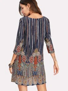 EMERY ROSE 3/4 Sleeve Mixed Print Tunic Dress - Multicolor - View 2