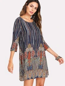 EMERY ROSE 3/4 Sleeve Mixed Print Tunic Dress - Multicolor - View 4