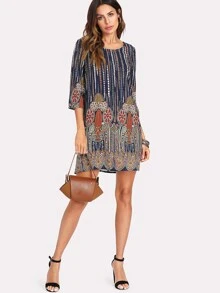 EMERY ROSE 3/4 Sleeve Mixed Print Tunic Dress - Multicolor - View 5