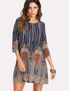 EMERY ROSE 3/4 Sleeve Mixed Print Tunic Dress - Multicolor - View 3