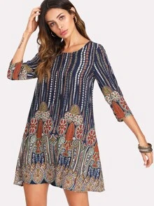EMERY ROSE 3/4 Sleeve Mixed Print Tunic Dress - Multicolor - View 1