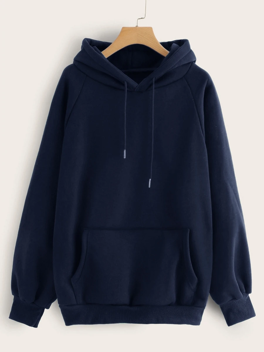 Raglan Sleeve Kangaroo Pocket Hoodie - Navy Blue - View 1