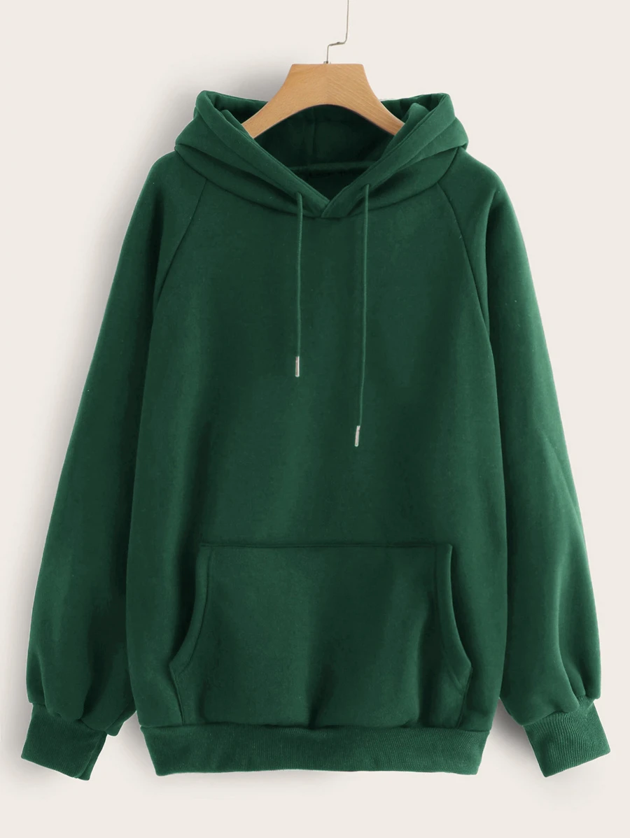 Drawstring Raglan Sleeve Hoodie - Dark Green - View 1