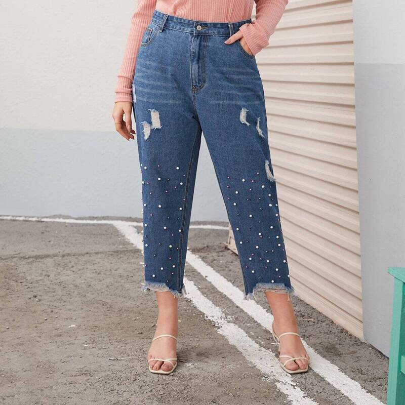 

Plus Raw Hem Pearl Beaded Jeans, Blue
