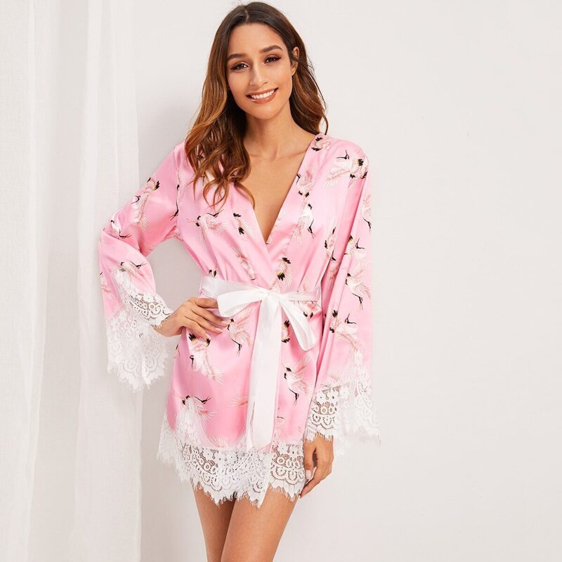 

Crane Print Floral Lace Satin Belted Robe, Pink