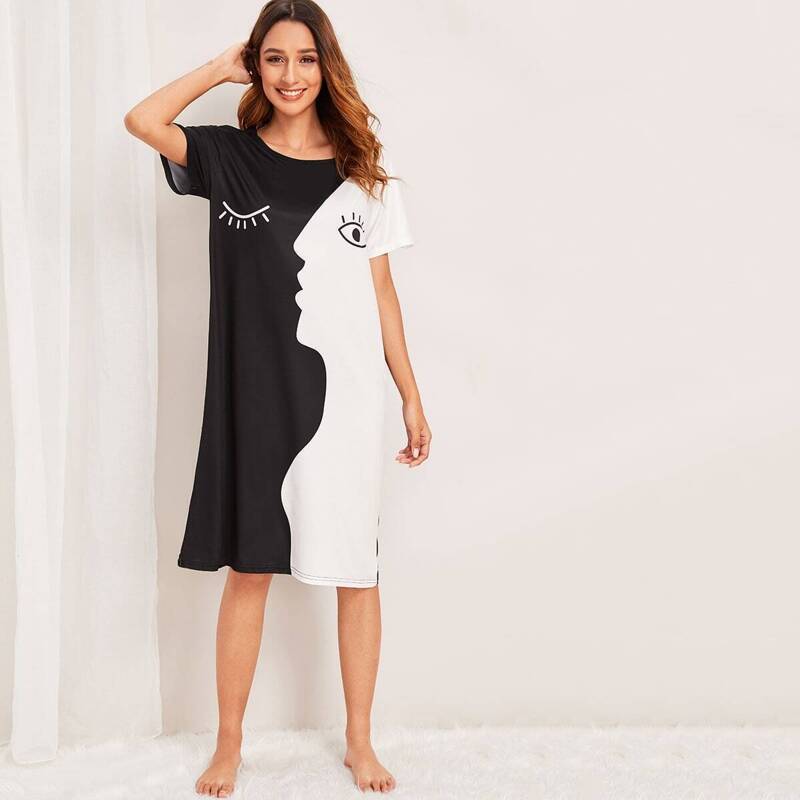 

Face Print Two Tone Night Dress, Black and white