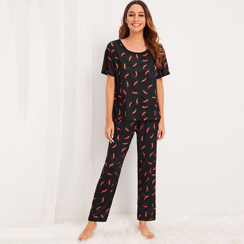 

Pepper Print Pajama Set, Black