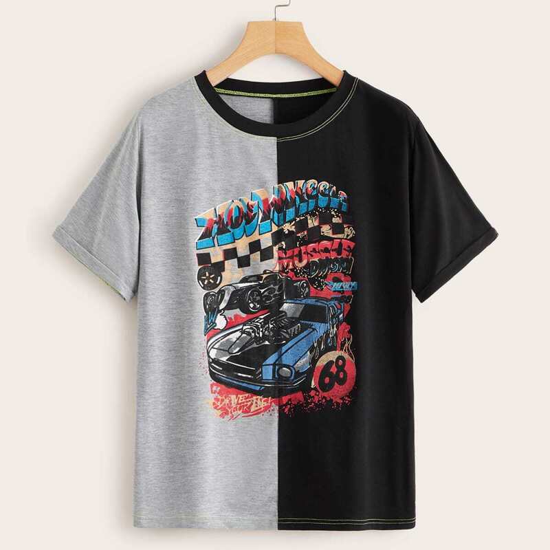 

Two Tone Letter & Car Print Tee, Multicolor