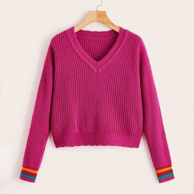 

Contrast Stripe Cuff V-neck Drop Shoulder Jumper, Pink