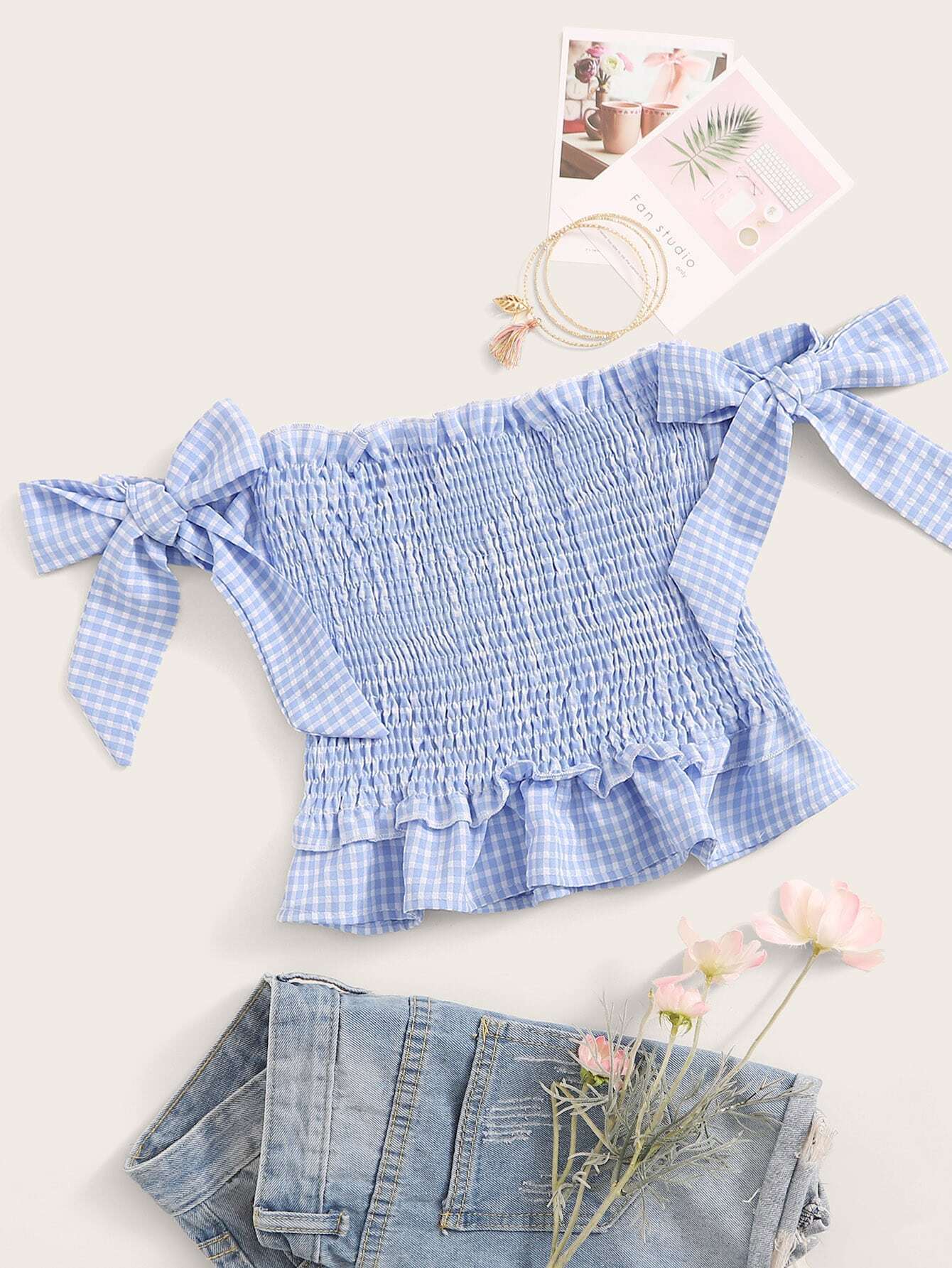 shirred ruffle hem bardot top