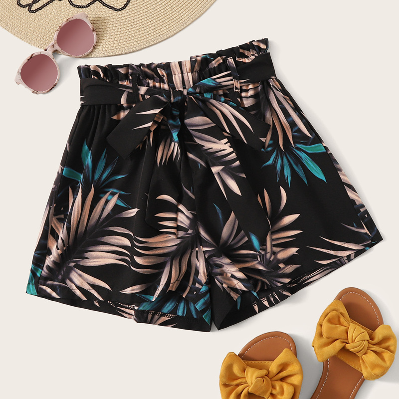 

Tropical Print Belted Wide Leg Shorts, Multicolor