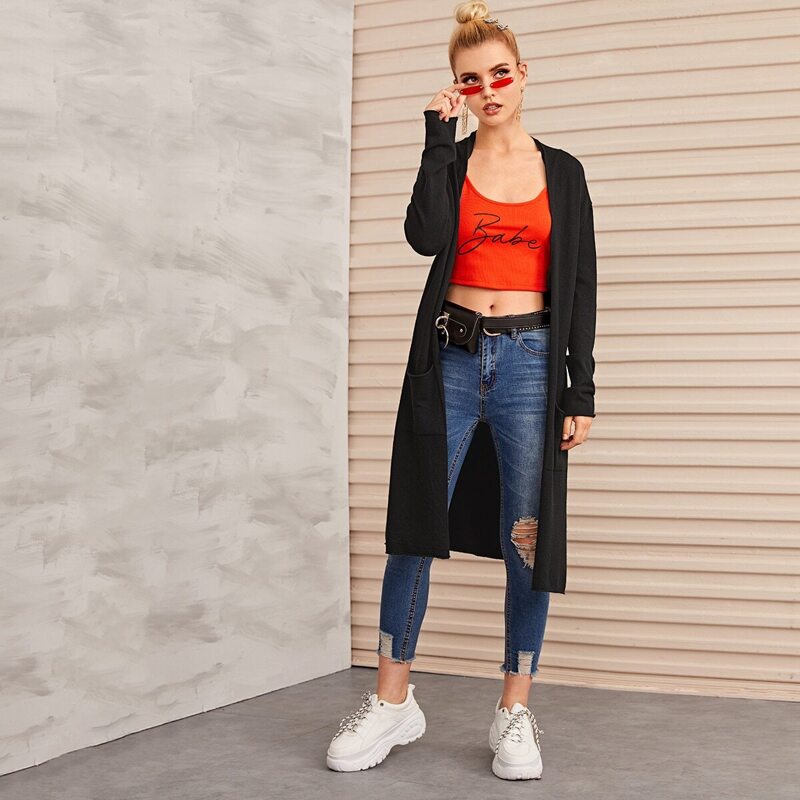 

Solid Dual Pocket Open Front Cardigan, Black