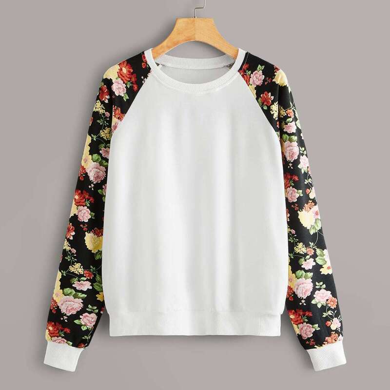 

Floral Print Raglan Sleeve Sweatshirt, White