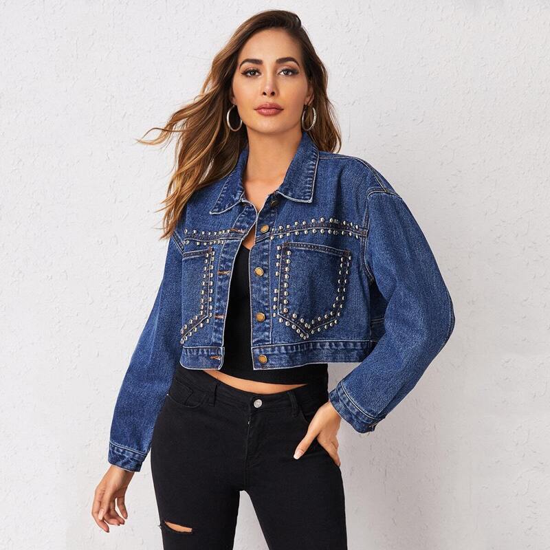 

Bleach Wash Studded Denim Jacket, Blue