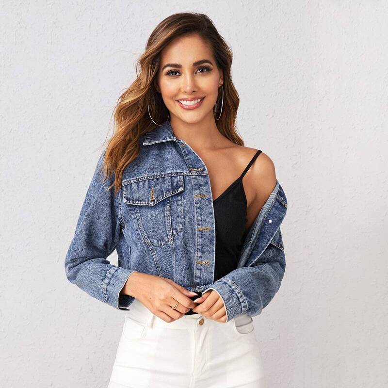 

Raw Hem Button Through Denim Jacket, Blue