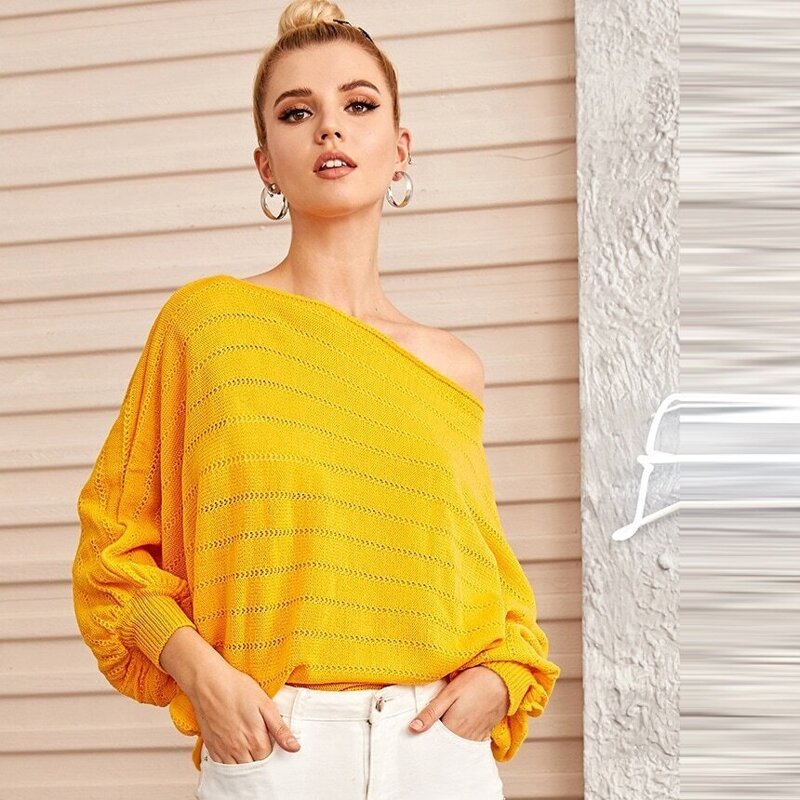 

Oblique Shoulder Batwing Sleeve Sweater, Yellow