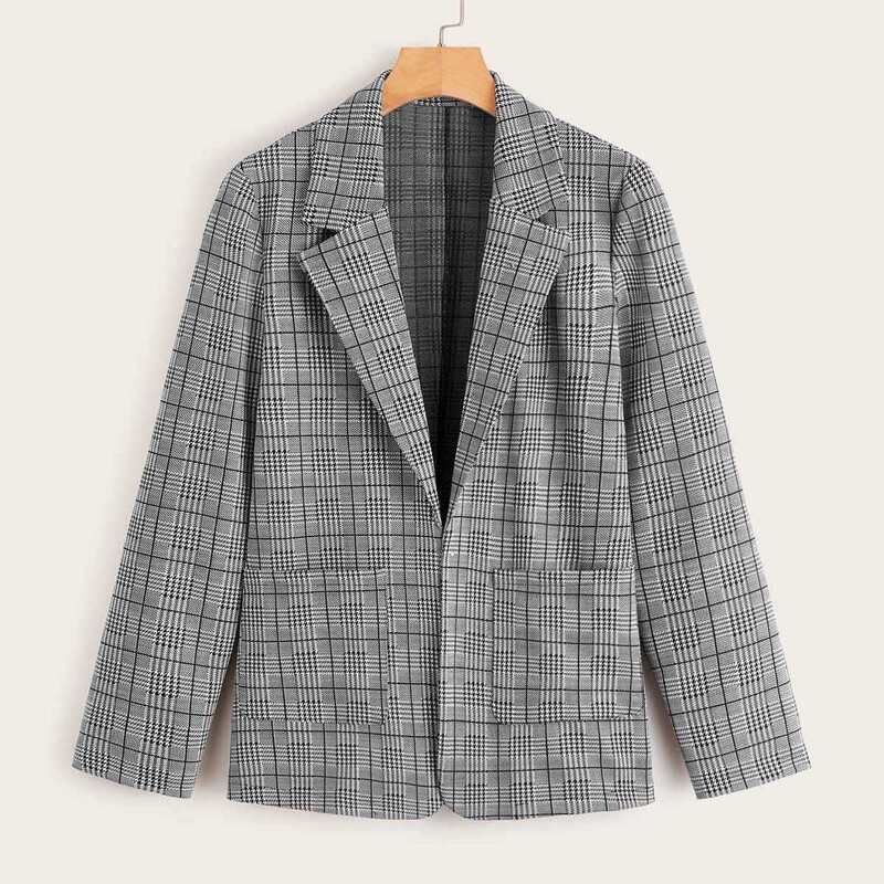 

Plaid Open Front Blazer, Grey