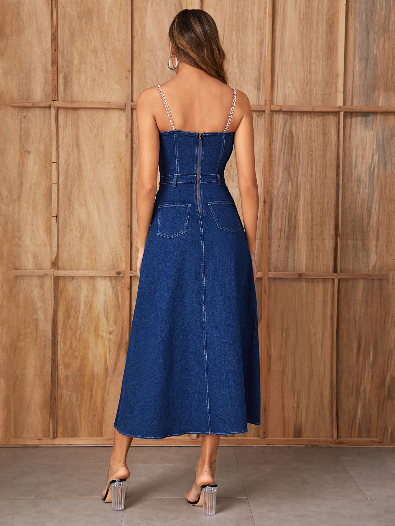 denim dress with chain straps