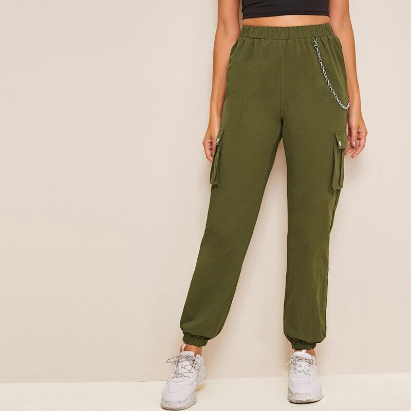 

Flap Pocket Chain Detail Cargo Pants, Army green
