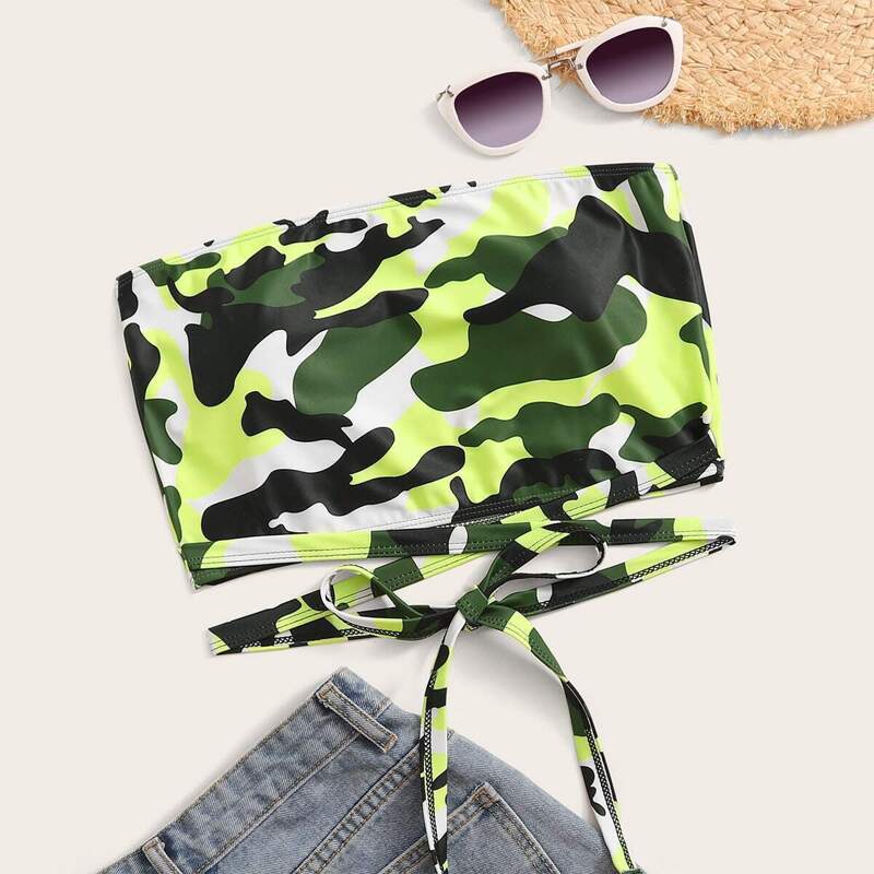 

Camouflage Tie Waist Bandeau Bikini Top, Multicolor
