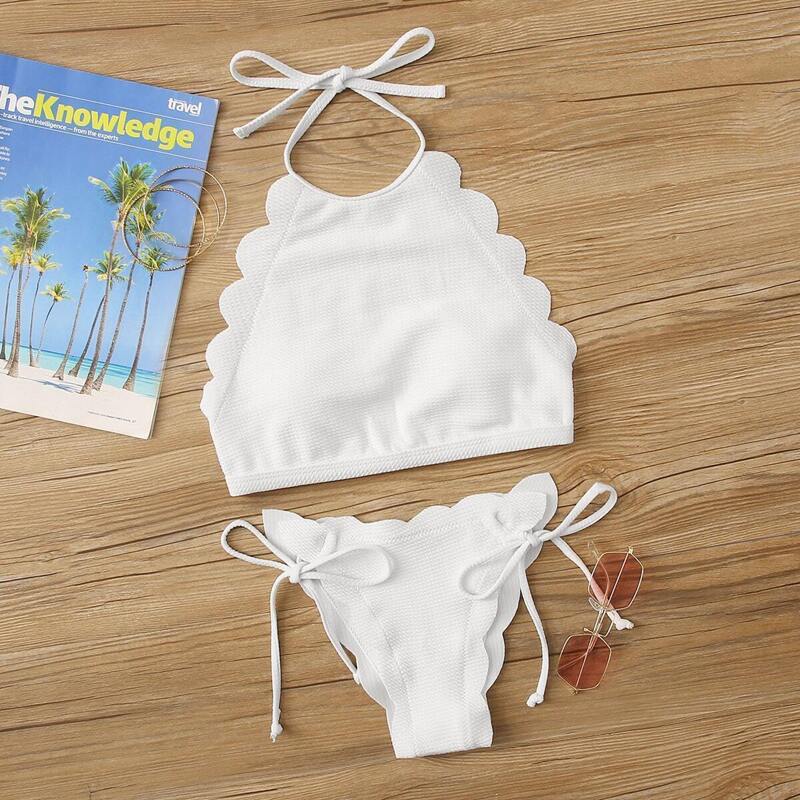

Scallop Trim Halter Top With Tie Side Bikini, White
