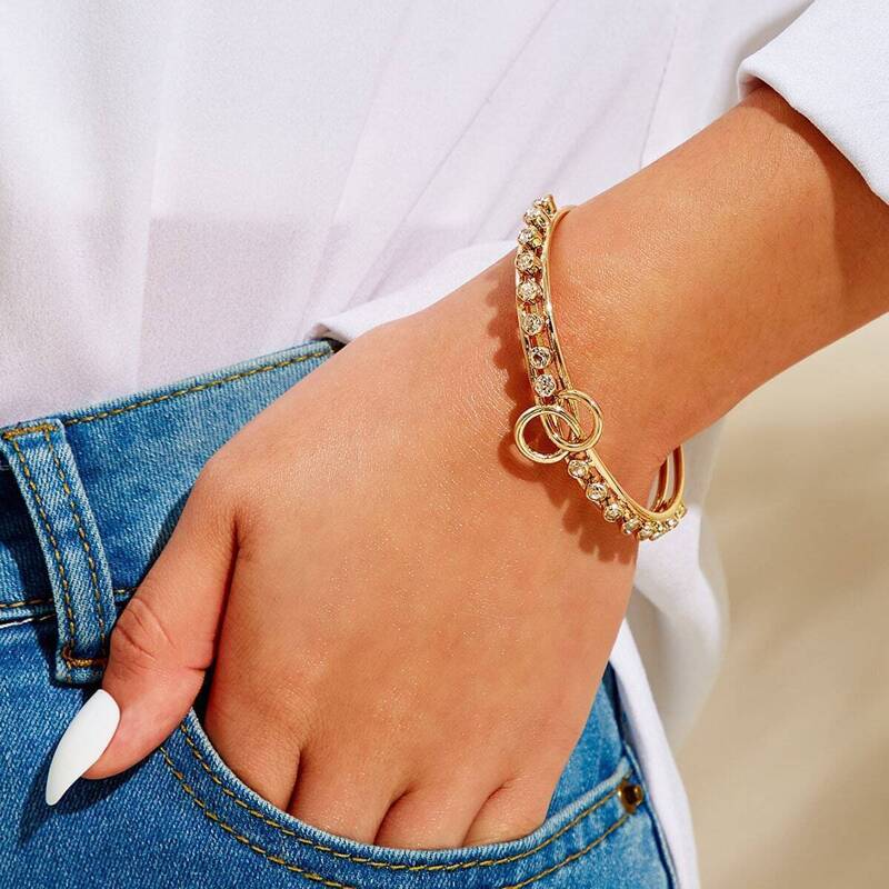 

Rhinestone Engraved Link Decor Cuff Bracelet 1pc, Gold