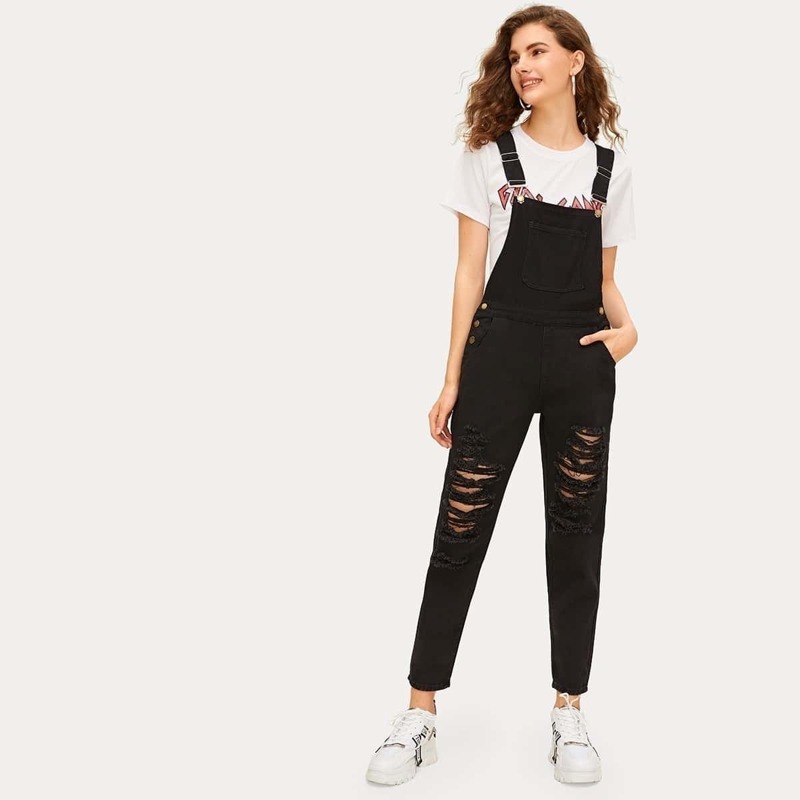 

Button Ladder Distressed Denim Overall, Black