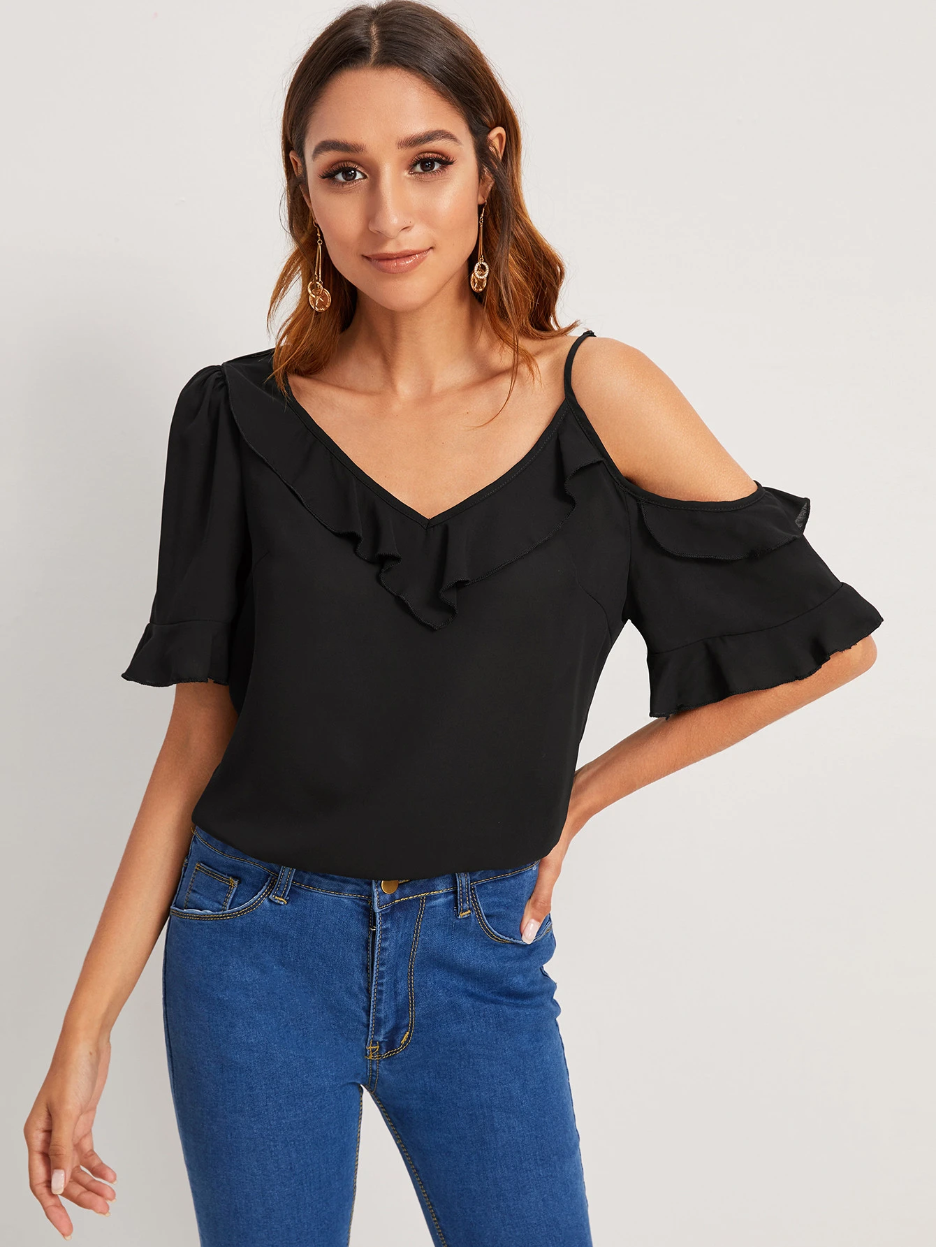 Ruffle trim asymmetrical shoulder top Clearance