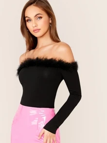 SHEIN Solid Off Shoulder Feather Trim Top - Black - View 3