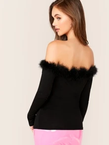 SHEIN Solid Off Shoulder Feather Trim Top - Black - View 2