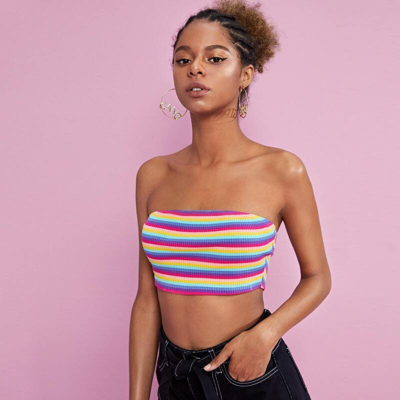 

Rainbow Stripe Skinny Tube Top, Multicolor
