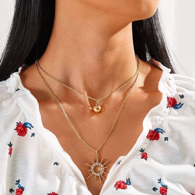 

Rhinestone Engraved Sun & Ball Charm Layered Chain Necklace 1pc, Gold