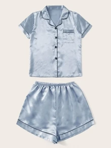 Conjunto de pijama de satén unido en contraste