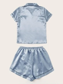 Conjunto de pijama de satén unido en contraste