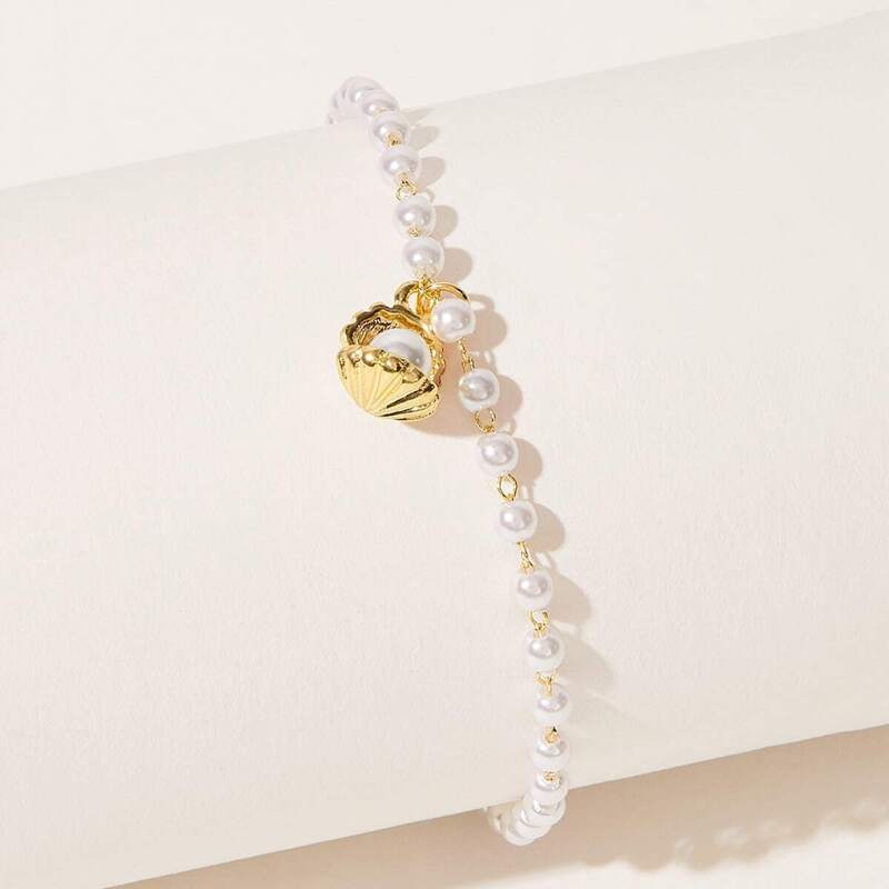 

Shell Charm Faux Pearl Beaded Bracelet 1pc, White