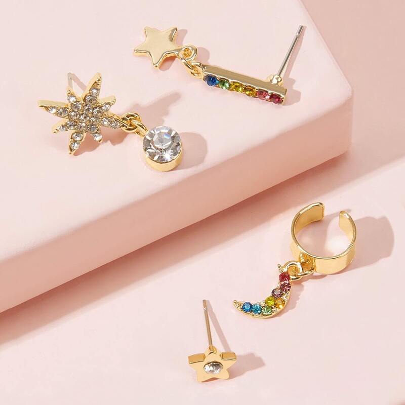 

Rhinestone Engraved Star & Moon Earrings 4pcs, Multicolor