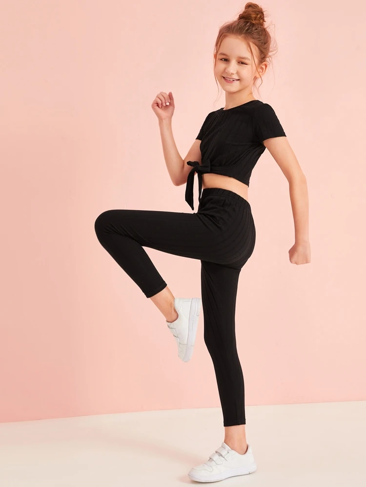 Svart Rib Knit Slätt Tillfällig Flickors Tvådelade Outfits Svart Rib Knit Slätt Tillfällig Flickors Tvådelade Outfits