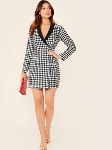 SHEIN Vestido blazer de cuadros con botón delantero cruzado de cuello esmoquin