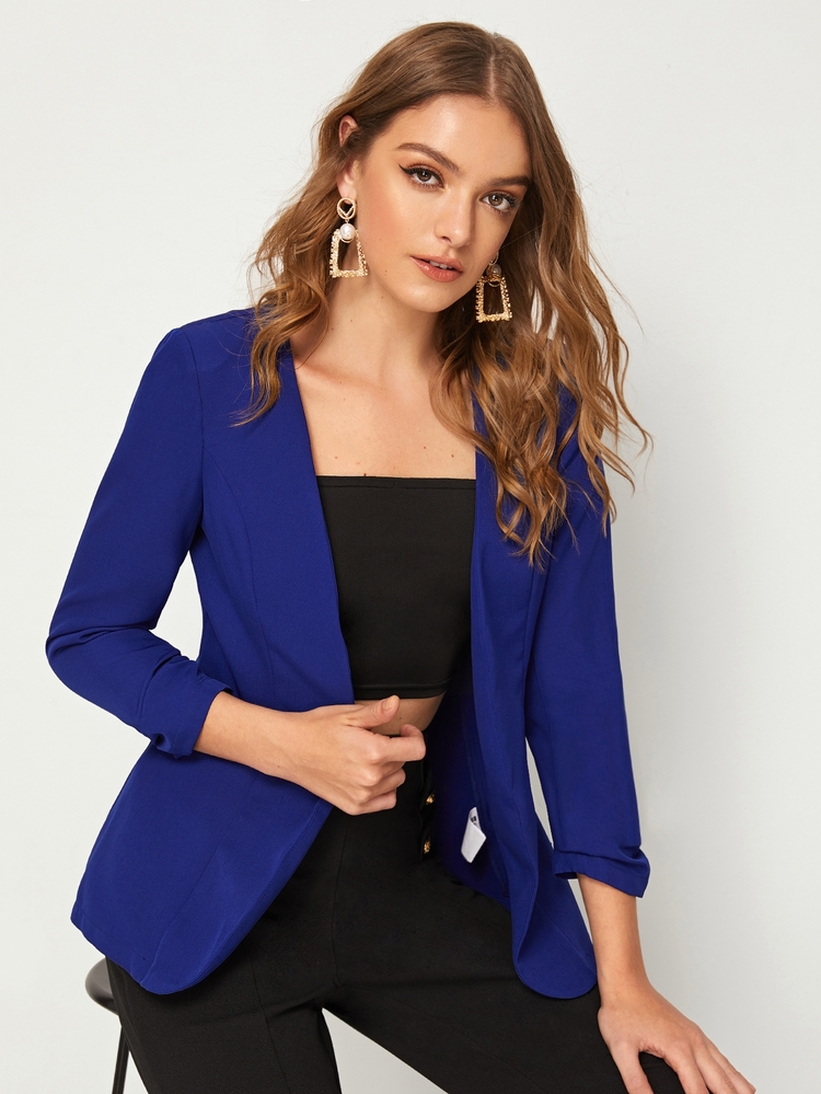 SHEIN Unity Open Front Solid Blazer - Navy Blue - View 1