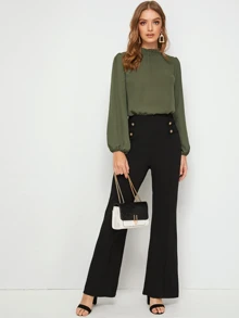 SHEIN Clasi Frill Neck Blouson Sleeve Top - Army Green - View 3