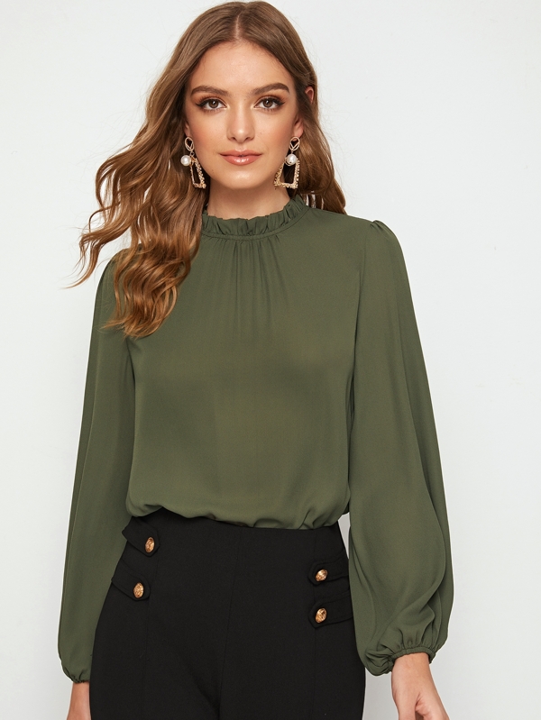 SHEIN Clasi Frill Neck Lantern Sleeve Top,Olive Green,Autumn,Elegant,Office Elegant Blouse,Casual Social Fringe Polka Dot Spring Beach Festival Vacation Outfits