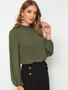 SHEIN Clasi Frill Neck Blouson Sleeve Top - Army Green - View 5