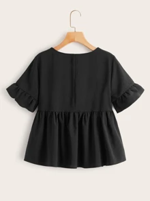 SHEIN Solid Ruffle Trim Smock Top - Black - View 2