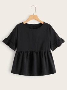 SHEIN Solid Ruffle Trim Smock Top - Black - View 1