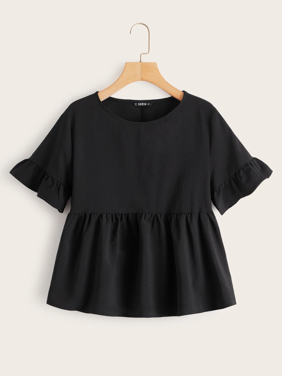 SHEIN Solid Ruffle Trim Smock Top - Black - View 1