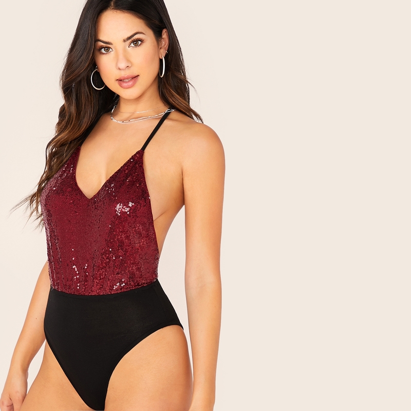 

Strappy Backless Sequin Bodice Halter Bodysuit, Multicolor