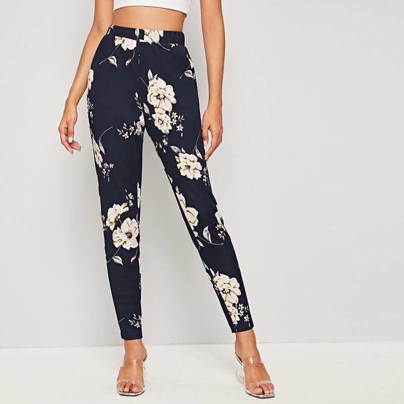 

High Waist Slant Pocket Floral Pants, Navy