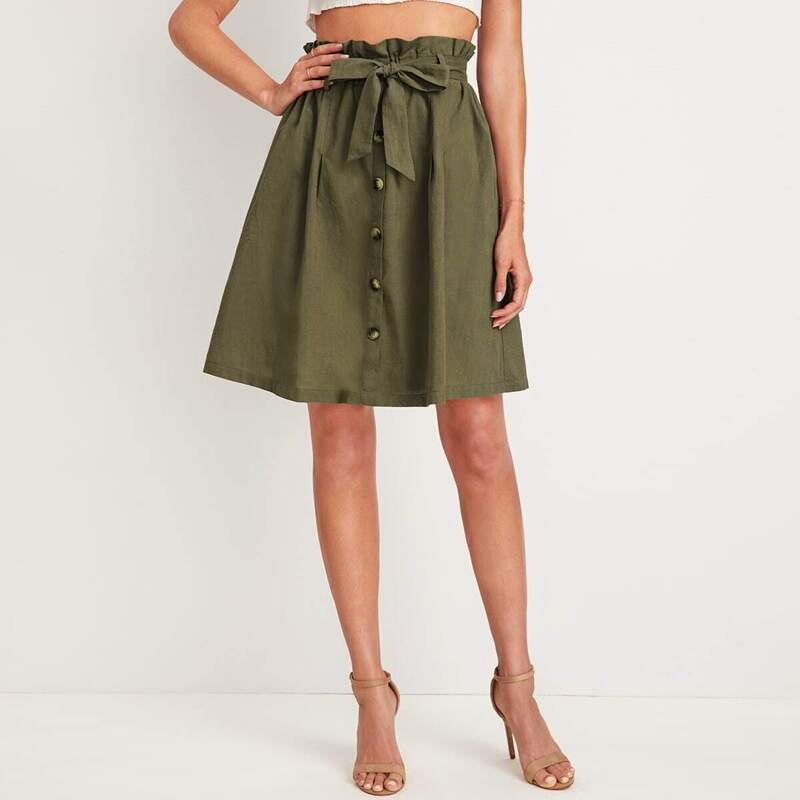 

Solid Paperbag Waist Button Front Belted Skirt, Army green