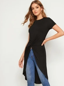 SHEIN Essnce Twist Front High Low Hem Top - Black - View 3